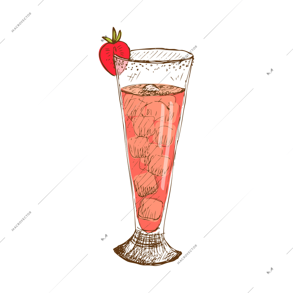 Hand drawn glass with cold strawberry cocktail with ice cubes vector illustration