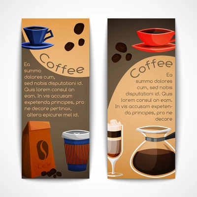 Coffee vertical banner set with cup mug coffee-bulb beans isolated vector illustration