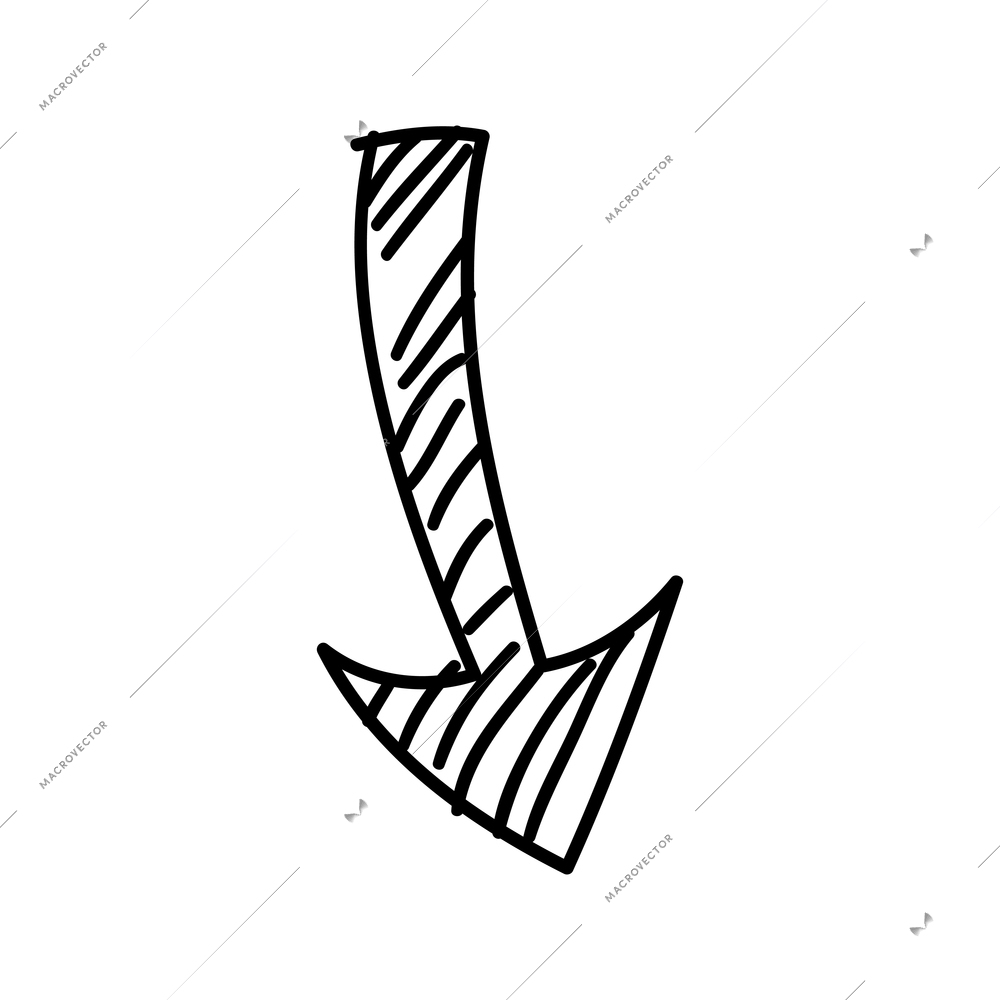 Black hand drawn arrow pointing down on white background vector illustration