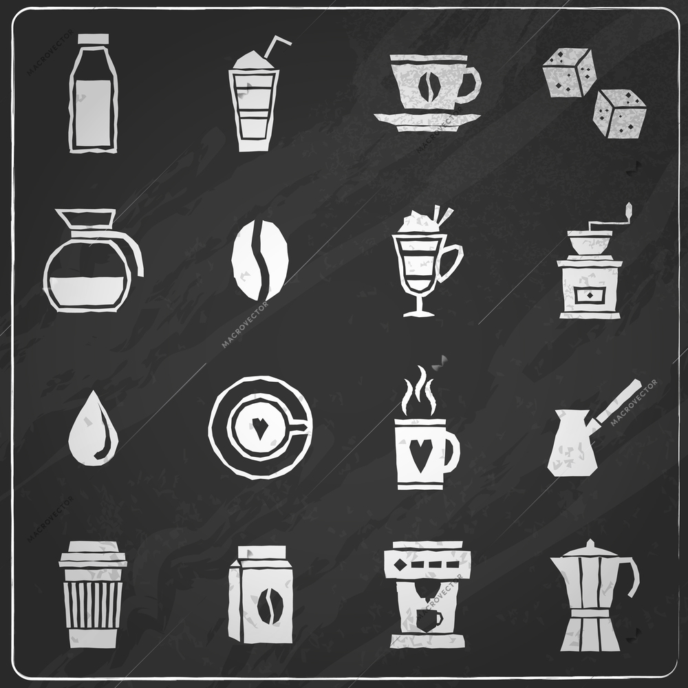 Coffee chalkboard icons set with sugar jar pot bean isolated vector illustration