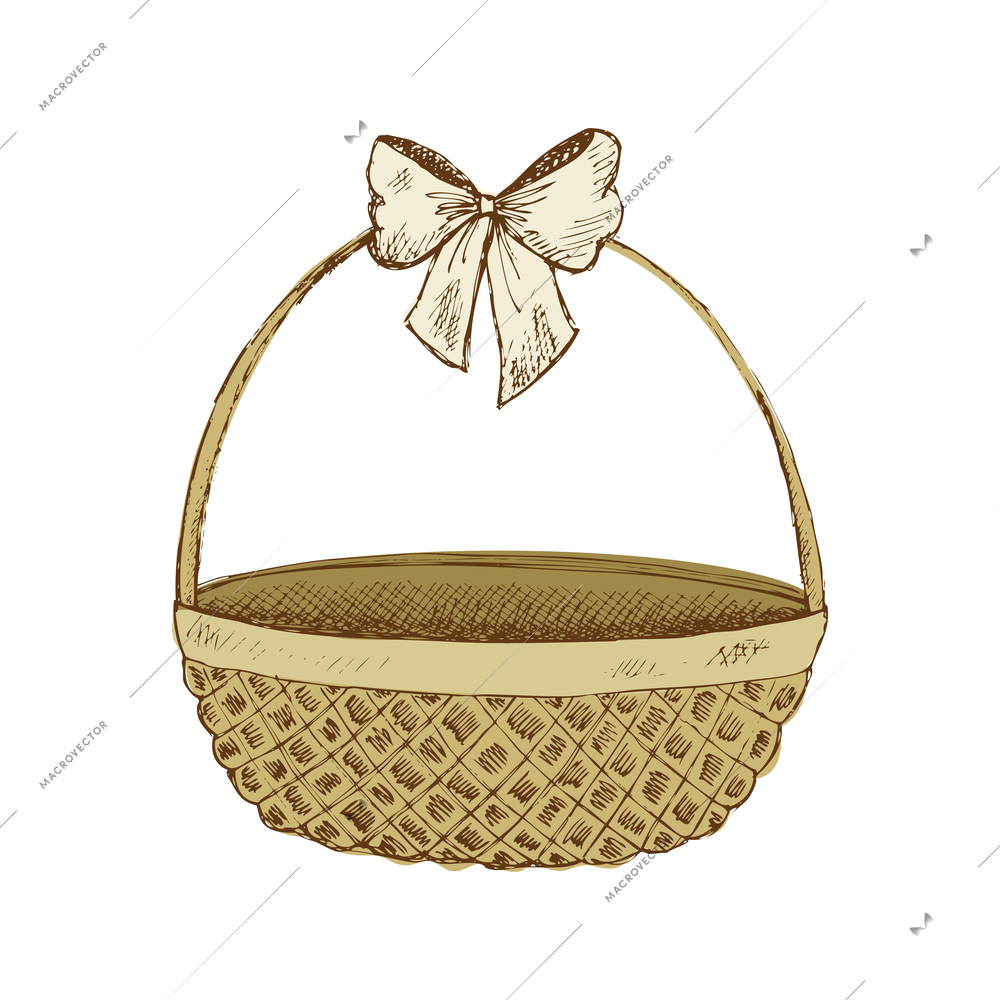 Hand drawn empty wicker basket with bow on handle vector illustration