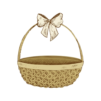 Hand drawn empty wicker basket with bow on handle vector illustration