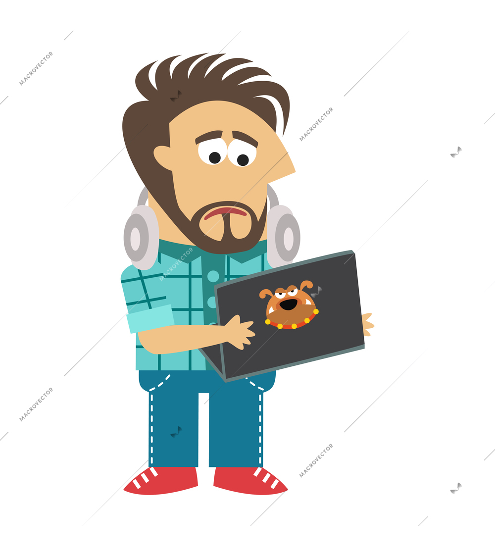 Flat male character of software engineer holding laptop vector illustration