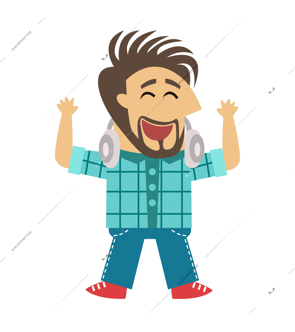 Flat male character of excited software engineer jumping with joy vector illustration