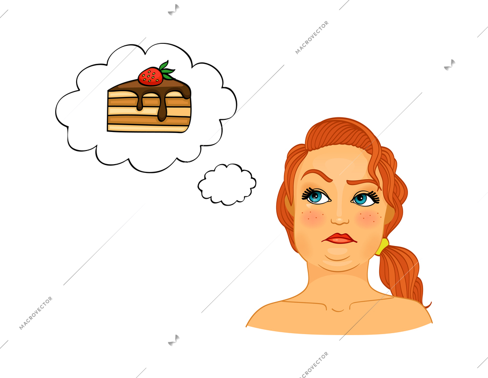 Flat diet composition with overweight woman thinking of cake vector illustration