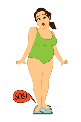 Suprised overweight woman standing on scales flat vector illustration