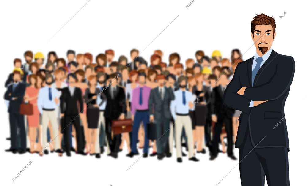 Large group of people adult professionals business team with attractive young man on foreground vector illustration