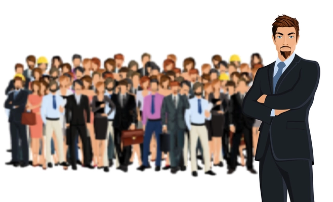 Large group of people adult professionals business team with attractive young man on foreground vector illustration