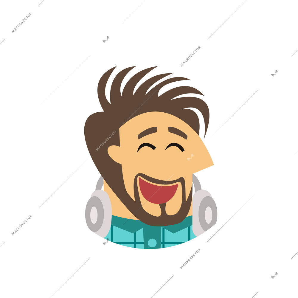 Happy face of male software engineer with headphones flat icon vector illustration