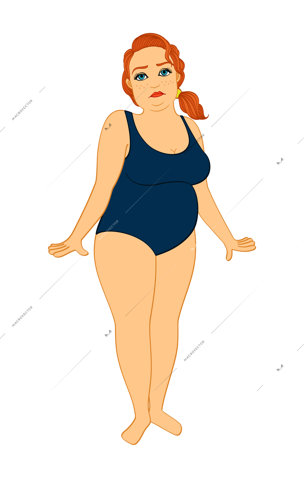 Sad plump red haired woman wearing swimsuit flat vector illustration