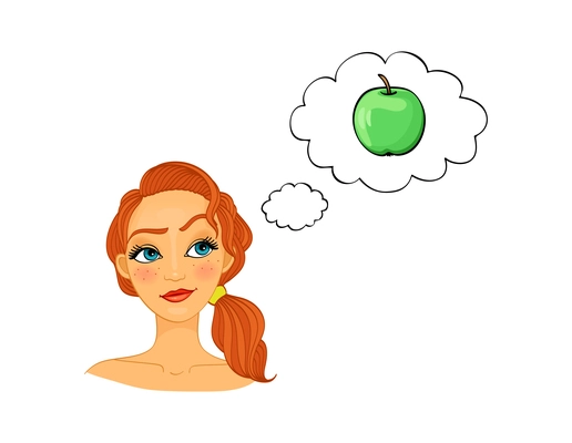 Diet flat composition with young woman face and green apple in think bubble vector illustration