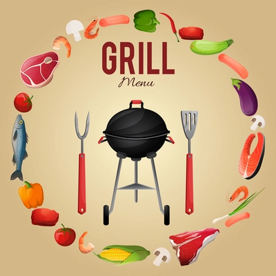 Bbq grill menu poster with food kebab fish vegetables fork vector illustration