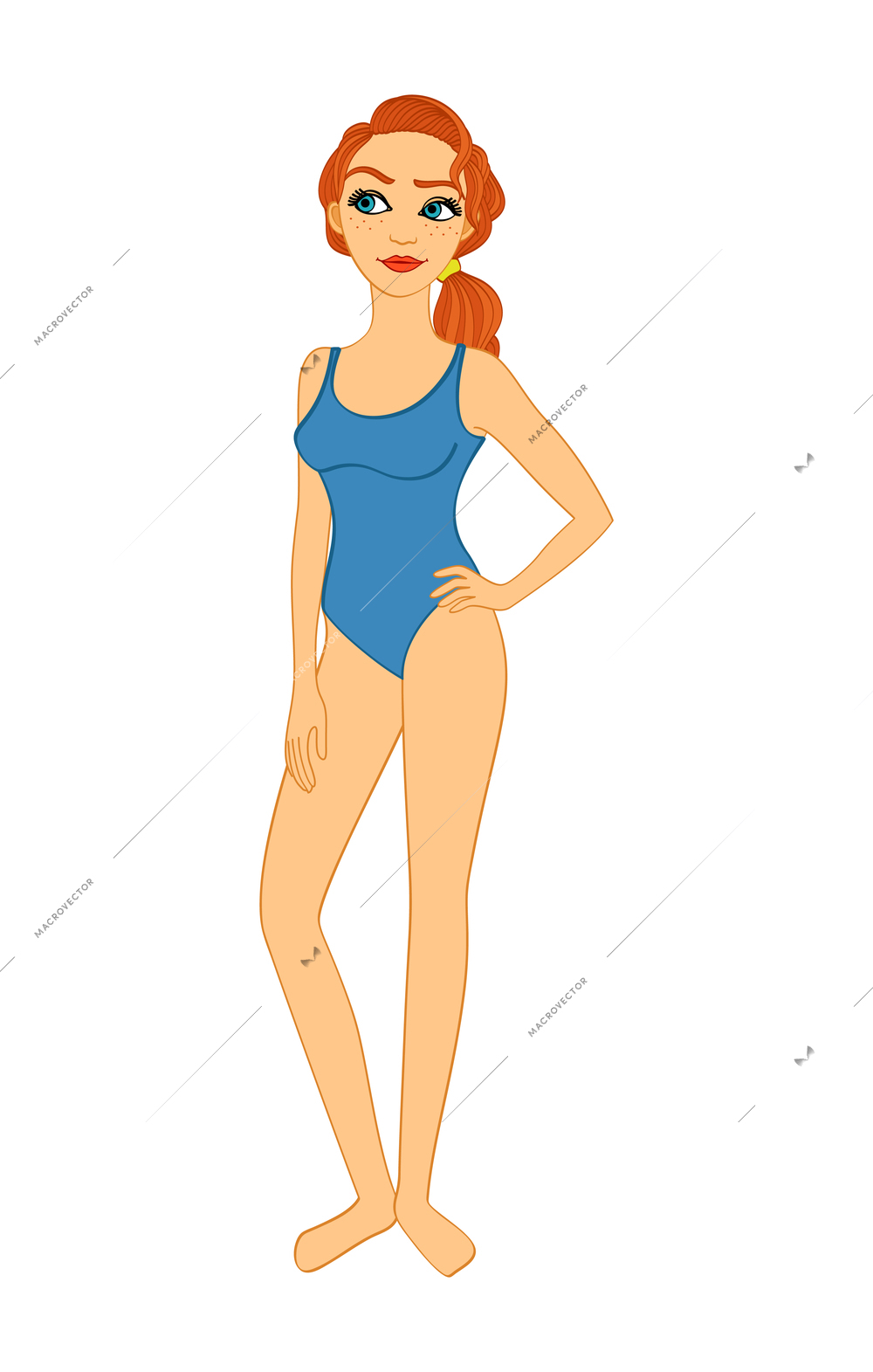 Beautiful slim woman in blue swimsuit flat vector illustration