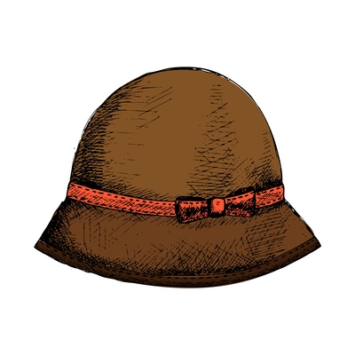 Hand drawn vintage female brown hat with red ribbon vector illustration