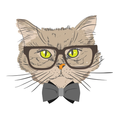 Fashion sketch portrait of hipster cat wearing bow tie and glasses vector illustration