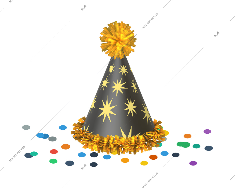 Realistic shiny paper hat with colorful confetti vector illustration