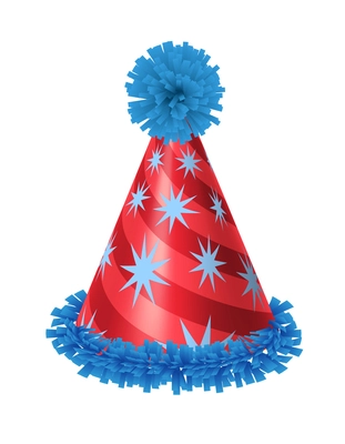 Party celebration hat in red color with blue stars realistic vector illustration
