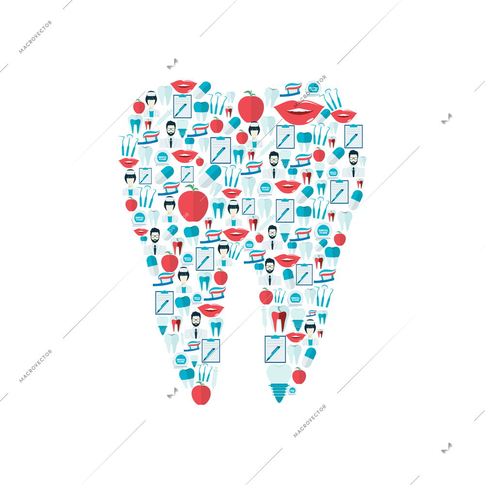 Dental health stomatology instrument flat icons set in human tooth shape vector illustration