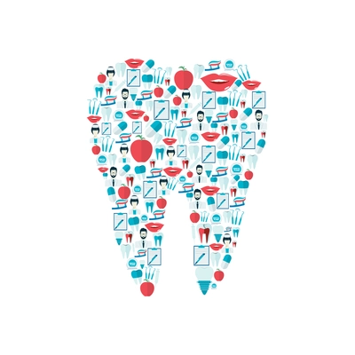 Dental health stomatology instrument flat icons set in human tooth shape vector illustration