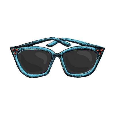 Elegant vintage female sunglasses with blue frame hand drawn vector illustration