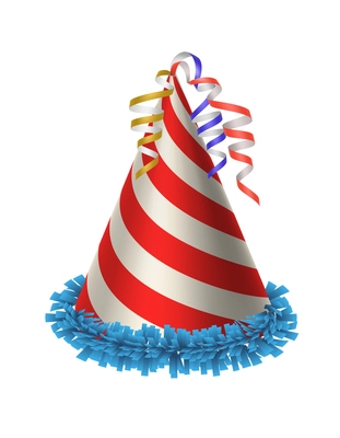 Realistic striped party hat with colorful streamers vector illustration