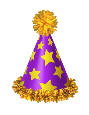 Purple party hat with yellow stars decorated with shiny golden ribbons realistic vector illustration