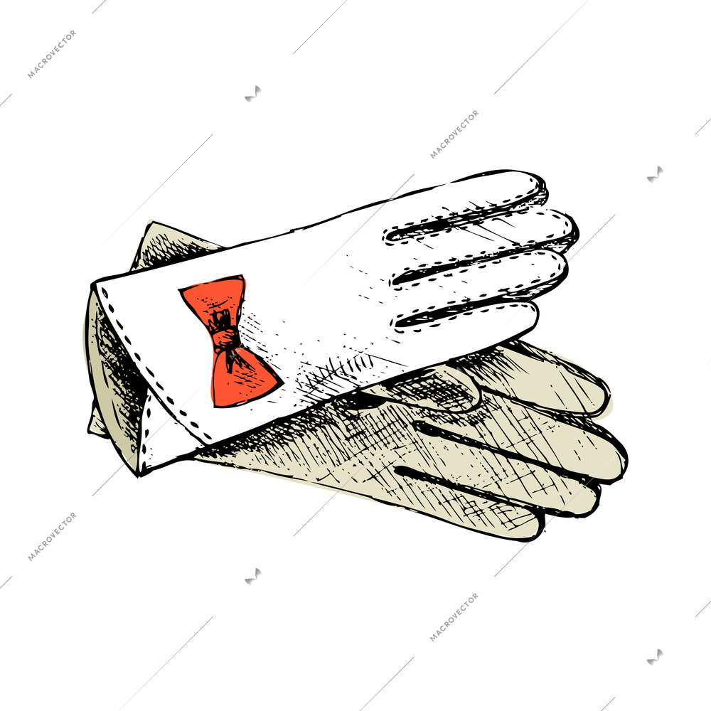 Pair of vintage white female gloves decorated with red bow doodle vector illustration
