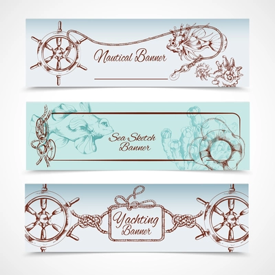 Yachting ocean nautical sketch horizontal banner set with steering wheel fish horse isolated vector illustration