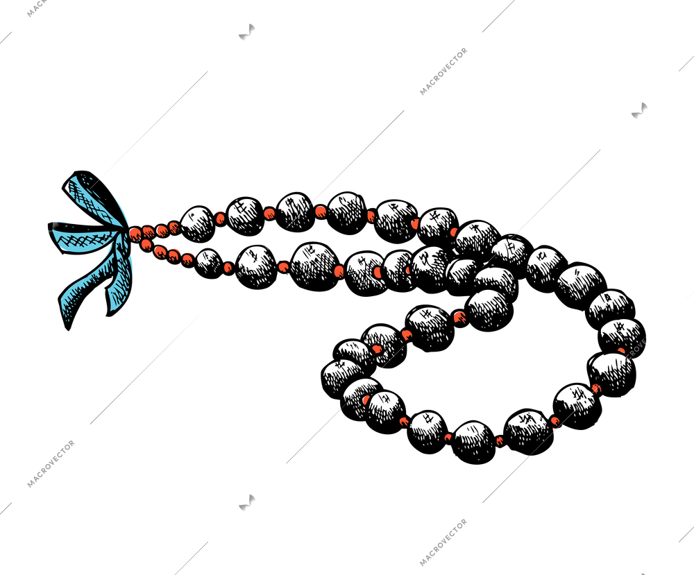 Elegant vintage necklace with big and small colored beads hand drawn vector illustration