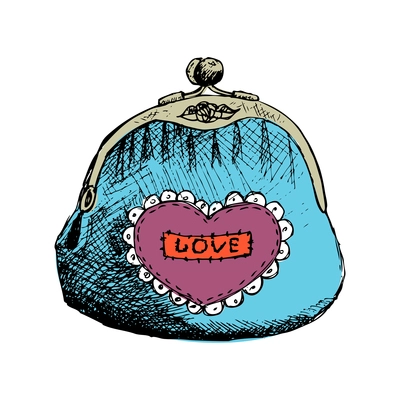 Hand drawn vintage elegant blue purse with word love vector illustration