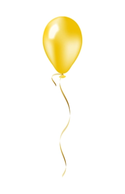 Realistic flying glossy yellow balloon with golden ribbon vector illustration