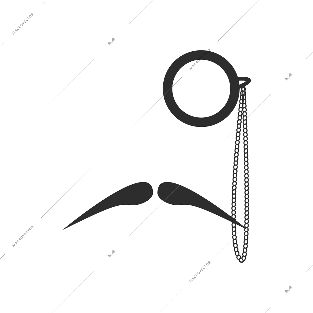 Old style man flat icon with black moustache and monocle with chain isolated vector illustration