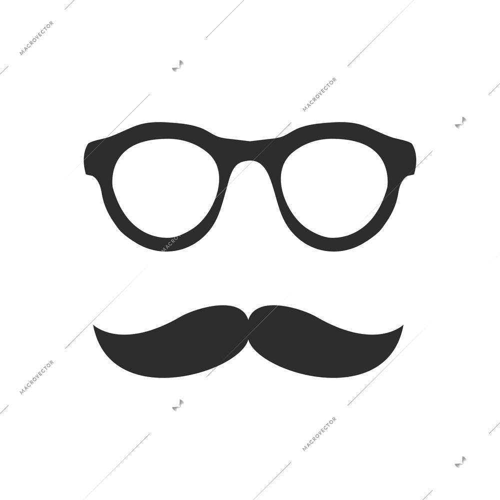 Flat icon with retro male glasses and mustache in black color isolated vector illustration