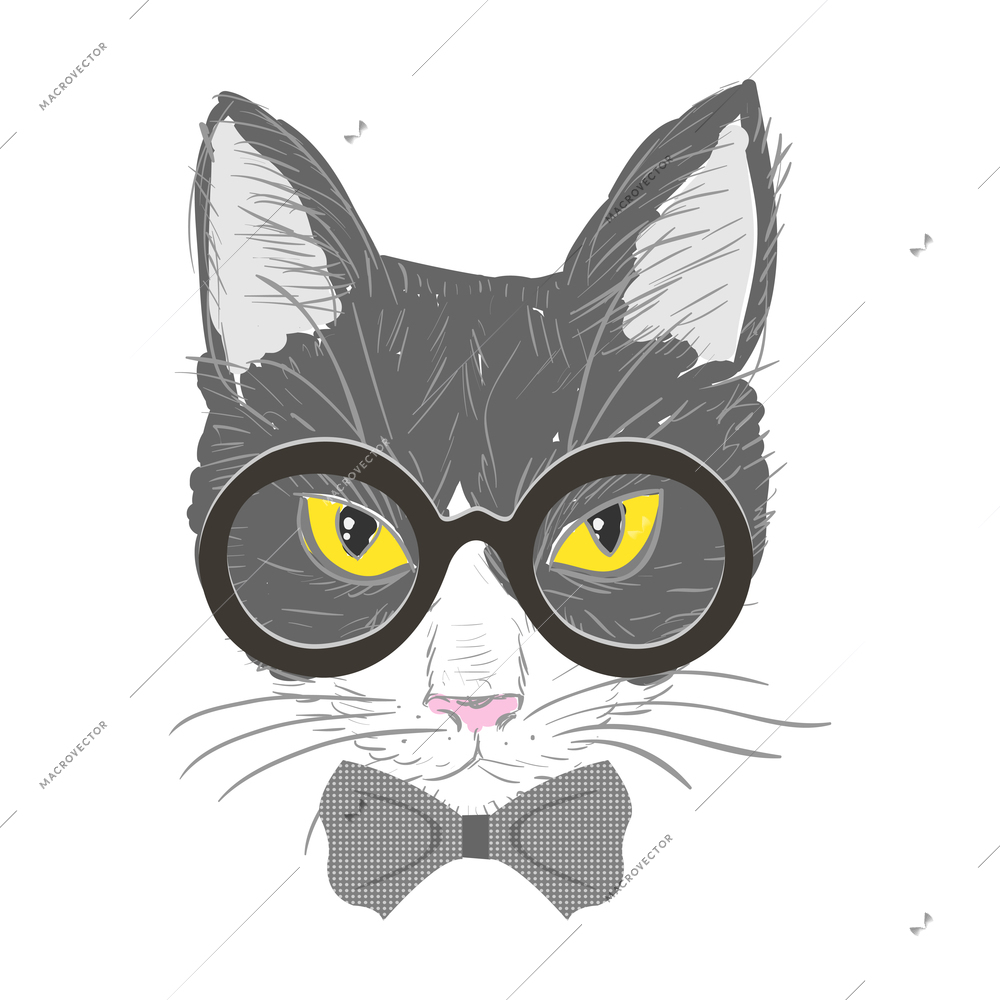 Smart hipster cat with glasses and bow tie sketch vector illustration