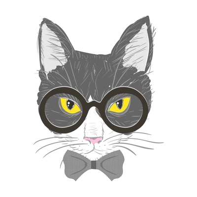Smart hipster cat with glasses and bow tie sketch vector illustration