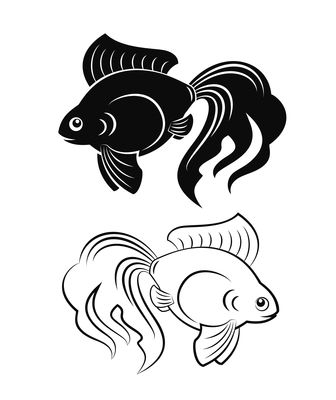 Black and white goldfish figures grand tails vector illustration