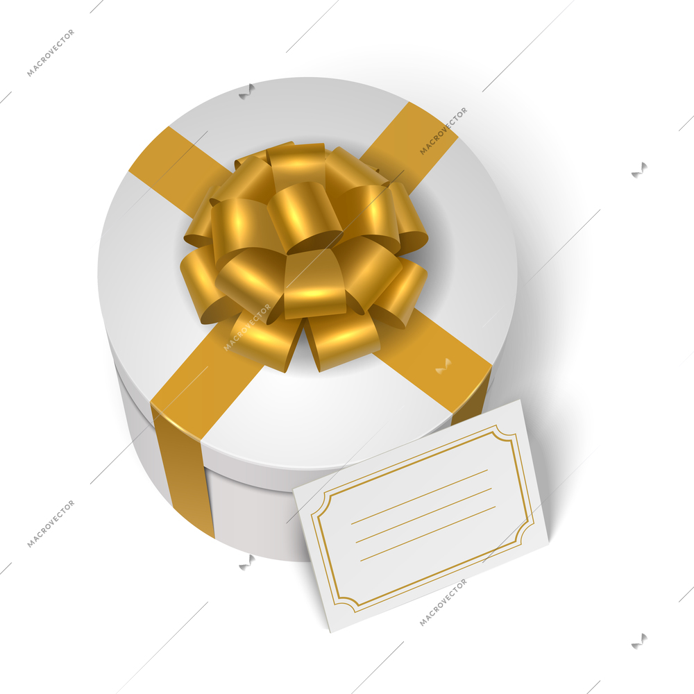 Wedding present box with yellow ribbon, bow and blank greeting card isolated vector illustration