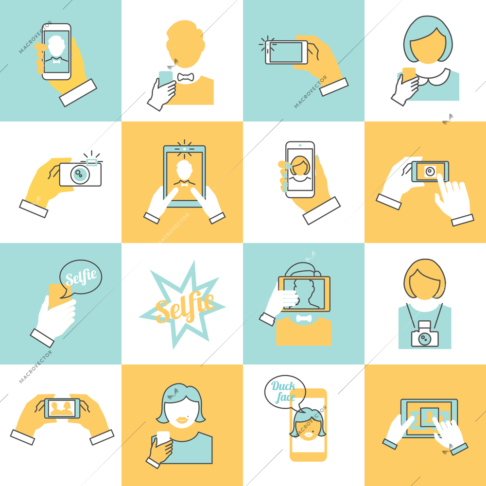 Selfie self portrait modern camera flat line icons set isolated vector illustration