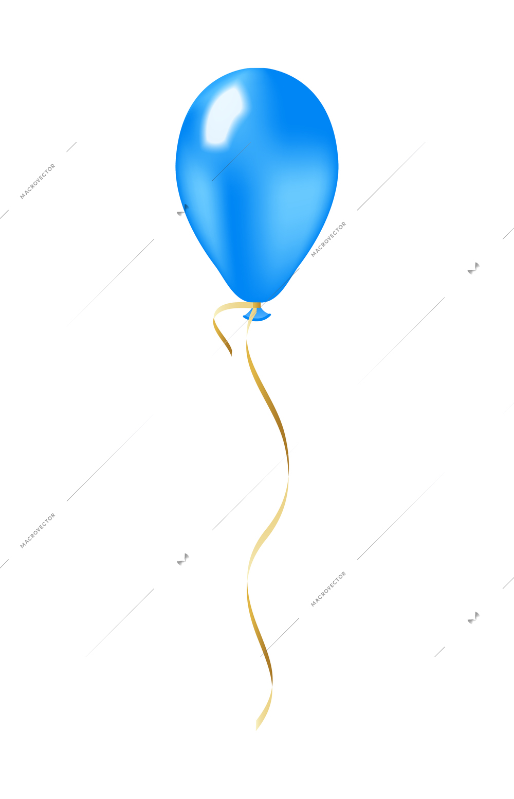 Flying blue balloon with golden ribbon realistic vector illustration