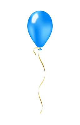 Flying blue balloon with golden ribbon realistic vector illustration