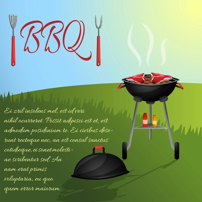 Bbq fresh hot meat steaks grill picnic party with outdoor background vector illustration