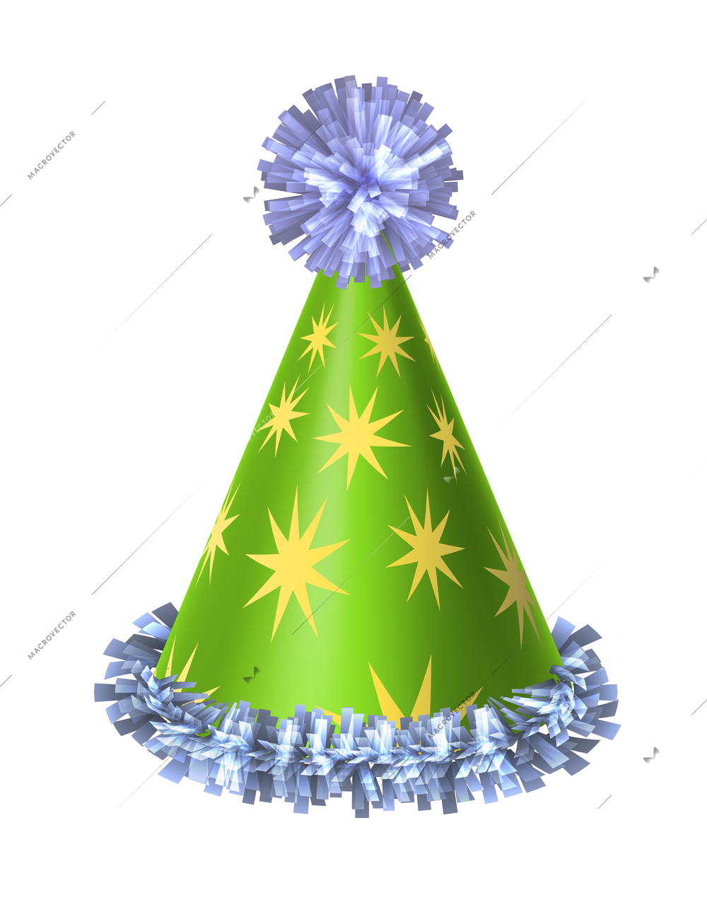 Green party hat with stars and shiny ribbons realistic vector illustration