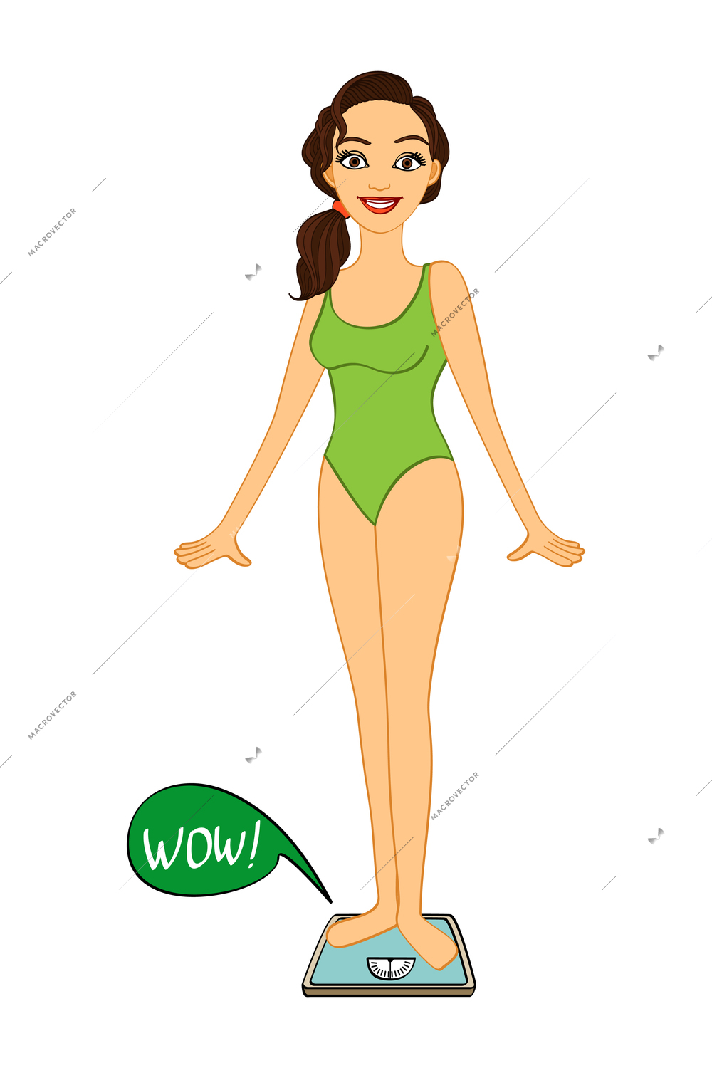 Happy slim woman standing on scales after losing weight flat vector illustration