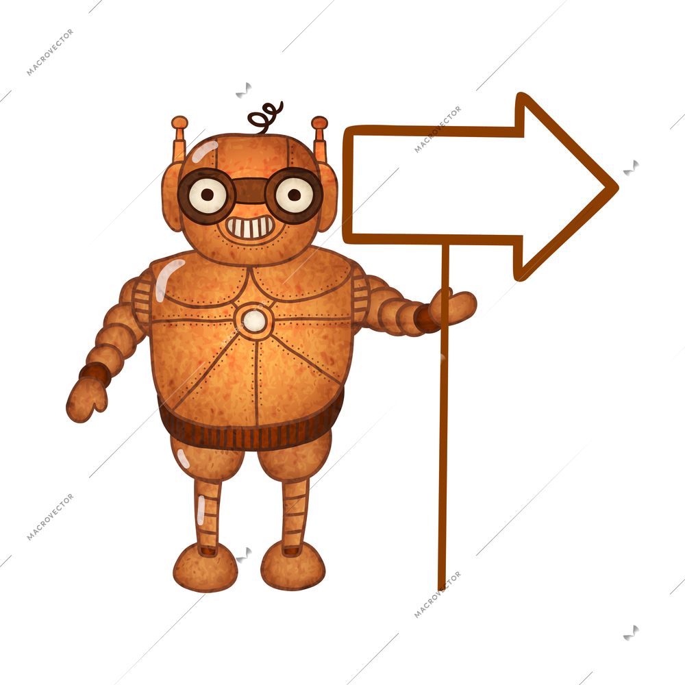 Cute steampunk cyborg holding blank arrow sign board cartoon vector illustration