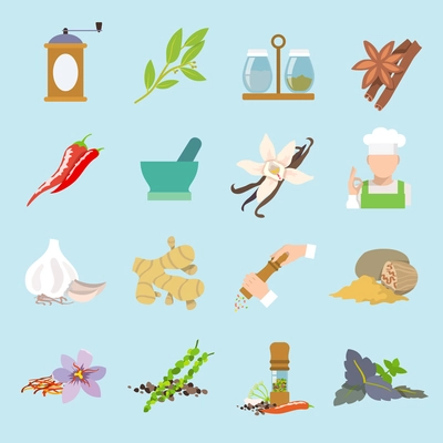 Herbs and spices flat icons set of ginger chili pepper garlic isolated vector illustration.