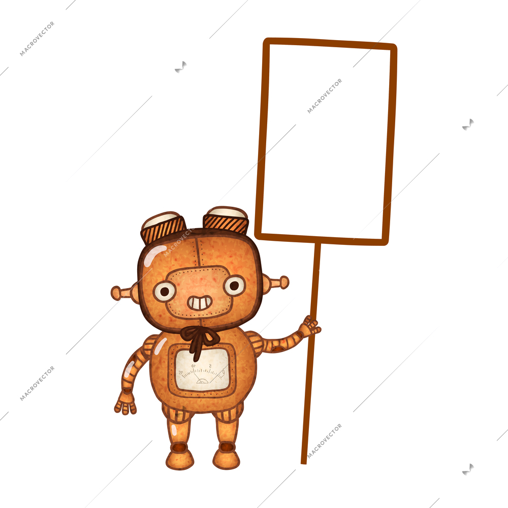 Cute little cyborg holding blank banner cartoon vector illustration