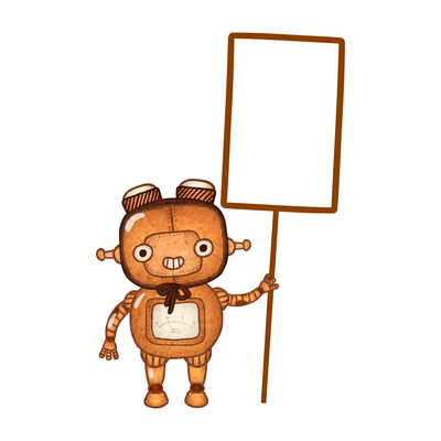 Cute little cyborg holding blank banner cartoon vector illustration