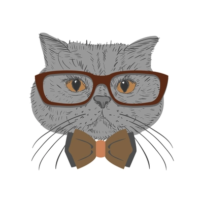 Sketch portrait of cute grey hipster cat wearing trendy glasses and bow tie vector illustration