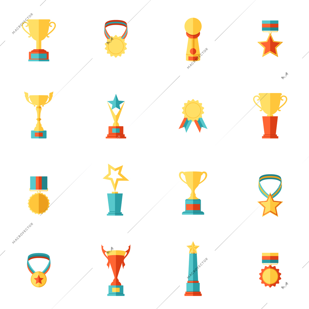 Award icons flat set of trophy medal winner prize champion cup isolated vector illustration