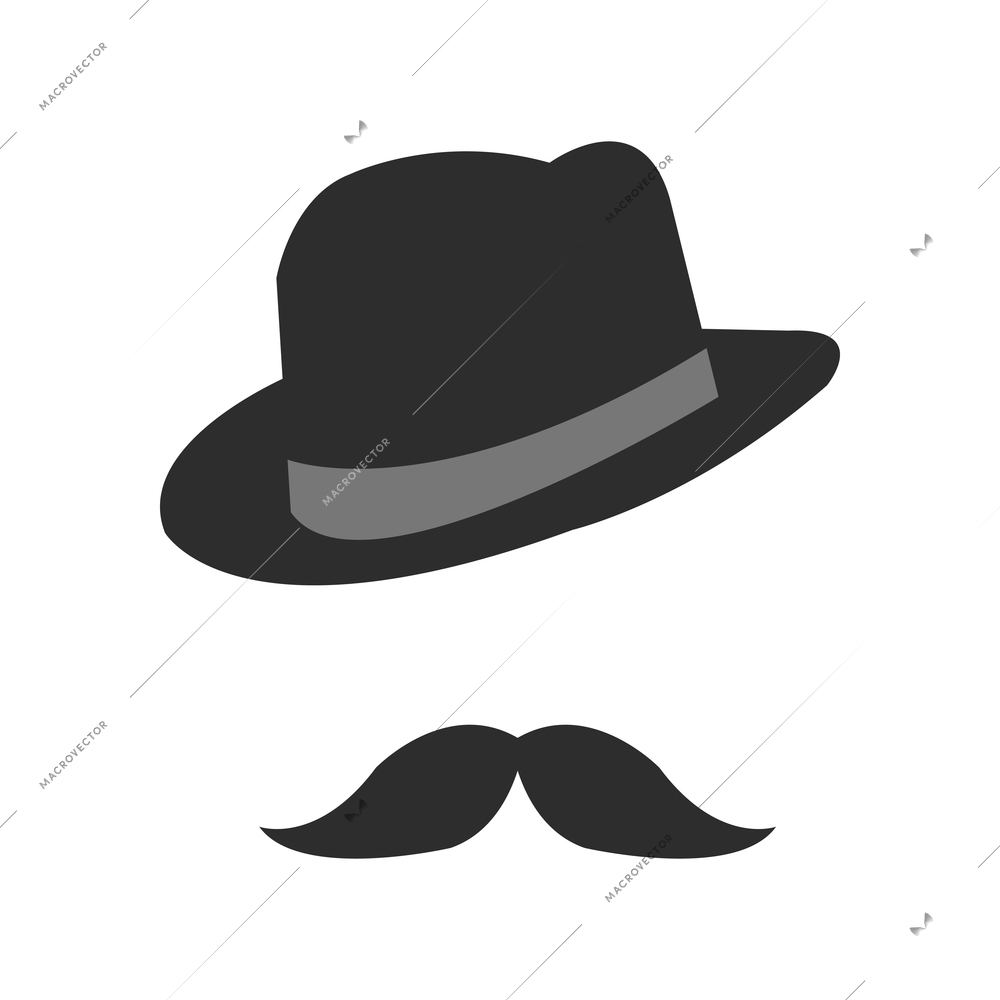 Elegant black fedora hat and mustache flat icon in retro style isolated vector illustration